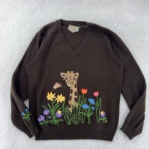 Vintage Cyn Les‎ Shirlee Designs Embroidered Giraffe 2-Sided Sweater Womens S